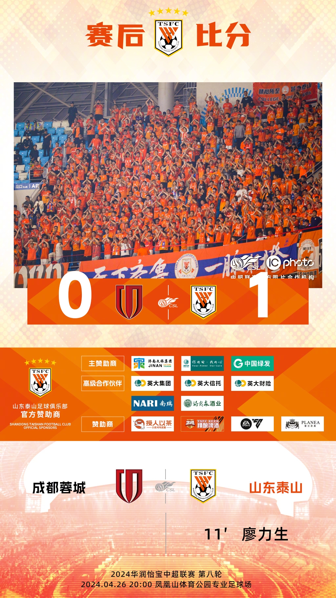 #中超300场胜利#众志成“橙” ​​​ 山东泰山客场1-0成都蓉城